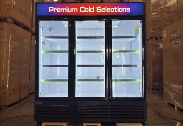 ALKCOOL TGDR70'' Black 63.5 Cubic Ft, 71" Wide Three Section Swing Glass Door Merchandiser Refrigerator no wheels - Image 3