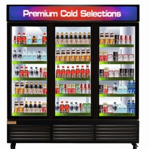 ALKCOOL TGDR70'' Black 63.5 Cubic Ft, 71" Wide Three Section Swing Glass Door Merchandiser Refrigerator no wheels
