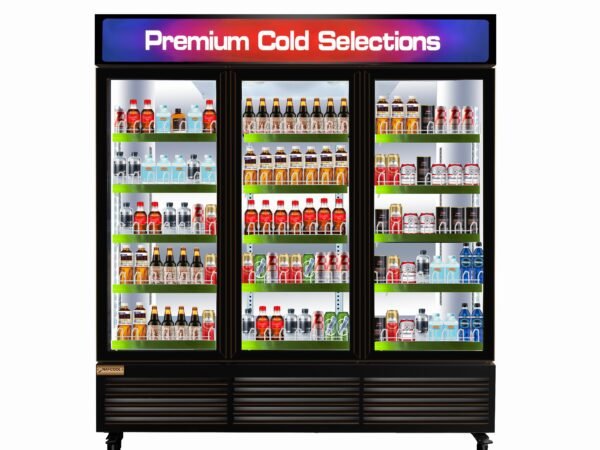 ALKCOOL TGDR70'' Black 63.5 Cubic Ft, 71" Wide Three Section Swing Glass Door Merchandiser Refrigerator no wheels