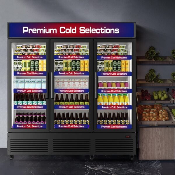 ALKCOOL TGDR70'' Black 63.5 Cubic Ft, 71" Wide Three Section Swing Glass Door Merchandiser Refrigerator no wheels - Image 2