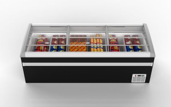100” Wide SUPERMARKET SLIDING GLASS TOP DISPLAY ISLAND FREEZER (Model: IHF-D2509PB )for Frozen Meat, Frozen Pizza, Icecream and Ice Bag - Image 2